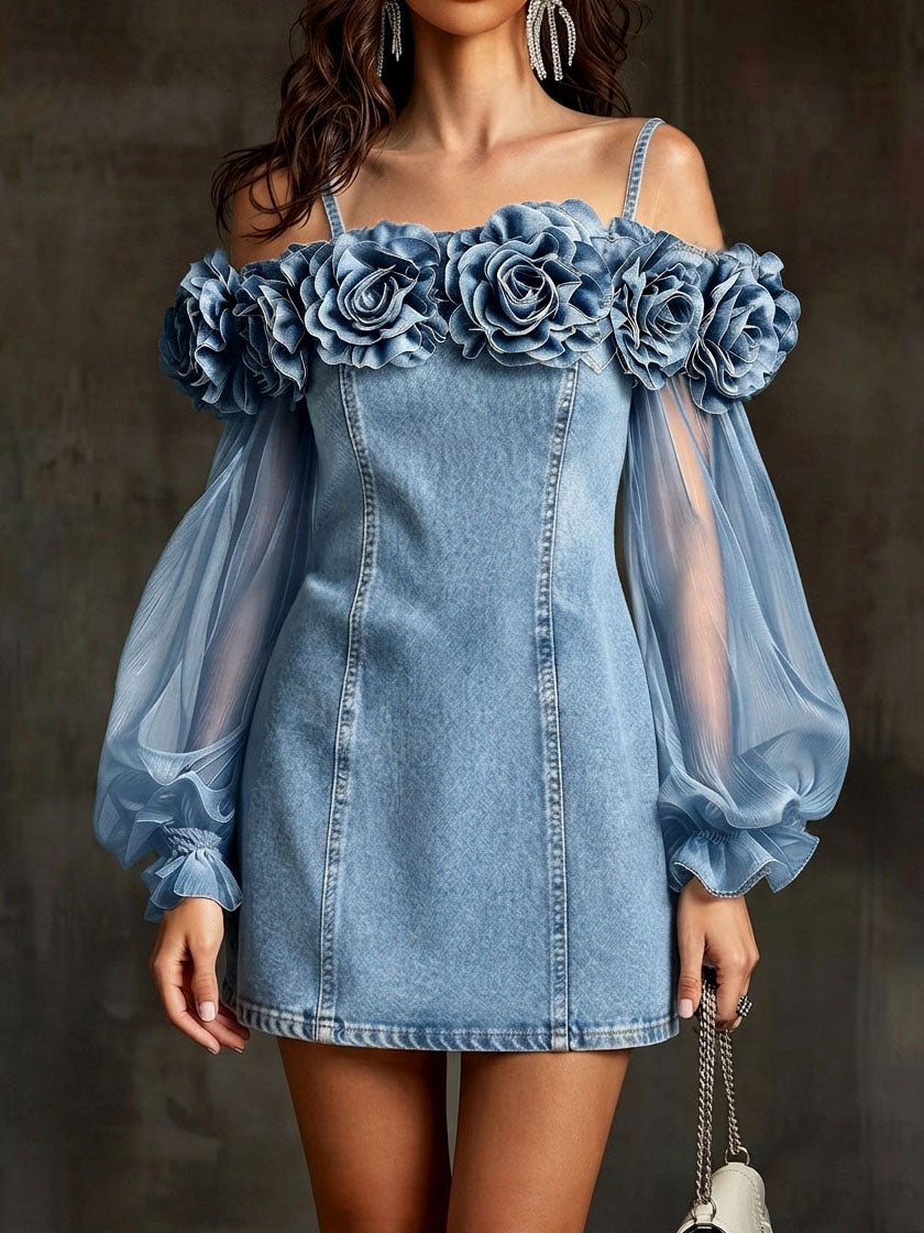 Romantic Three-dimensional Floral Denim Mini Dress