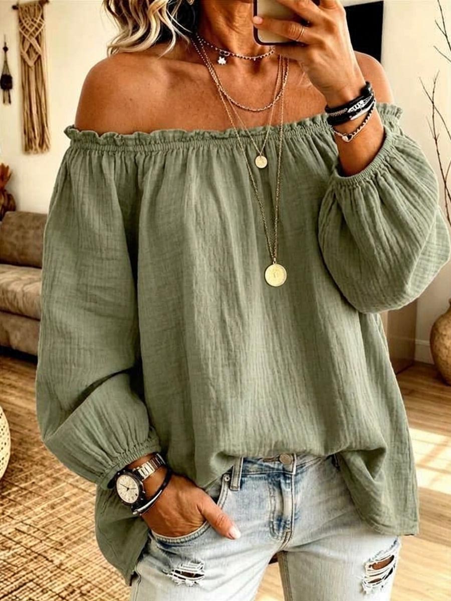 Women's Solid Color Off-shoulder Long-sleeved Casual Loose Cotton And Linen Top
