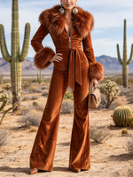 Luxury Faux Fur Trim Zipper Corduroy Jumpsuit.