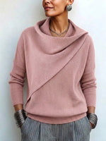 Wrap-style Slouchy-neck Drop-shoulder Long-sleeve Knit Pullover