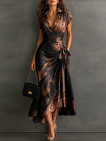 Elegant Deep V-neck Abstract Print Wrap Maxi Dress