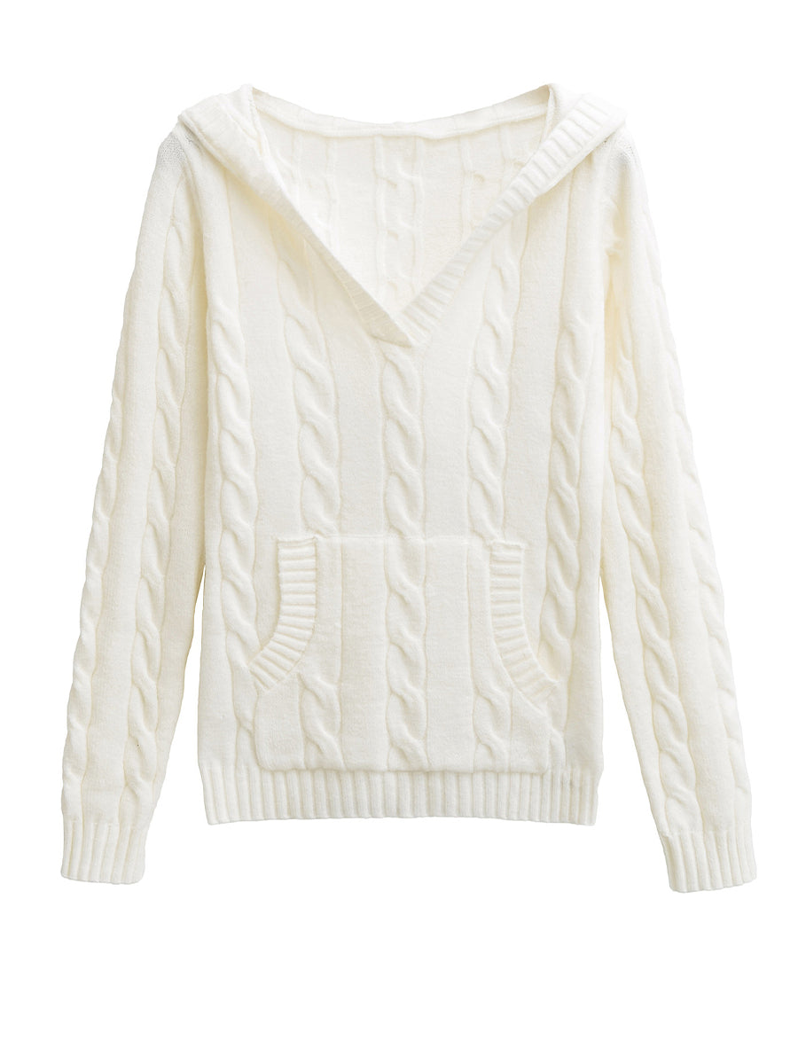 Casual Cable-knit V-neck Sweater With Hood