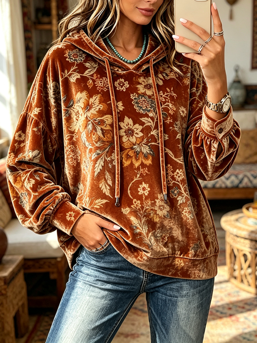 Cozy Fall Velvet Floral Hooded Sweatshirt