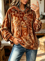 Cozy Fall Velvet Floral Hooded Sweatshirt