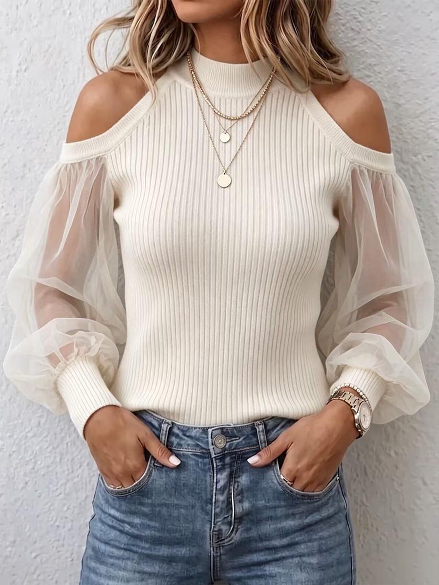 Women's Solid Color Stand Collar Off-shoulder Long-sleeve Casual Loose Chiffon And Knit Top