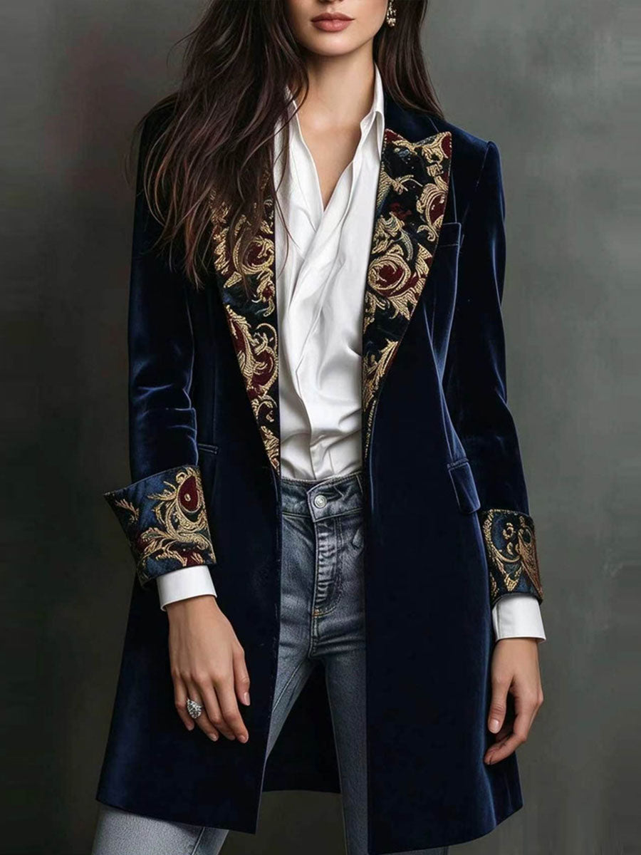 French-inspired, Vintage, Court-style Navy Velvet Mid-length Blazer With Ornate Floral Digital Prints