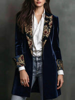 French-inspired, Vintage, Court-style Navy Velvet Mid-length Blazer With Ornate Floral Digital Prints