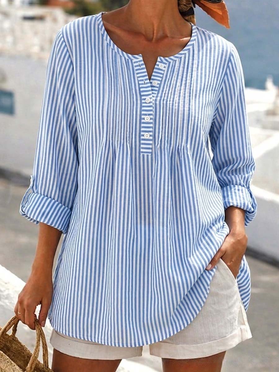 Women's Striped Printed V-neck Long-sleeved Casual Loose Cotton Linen Top