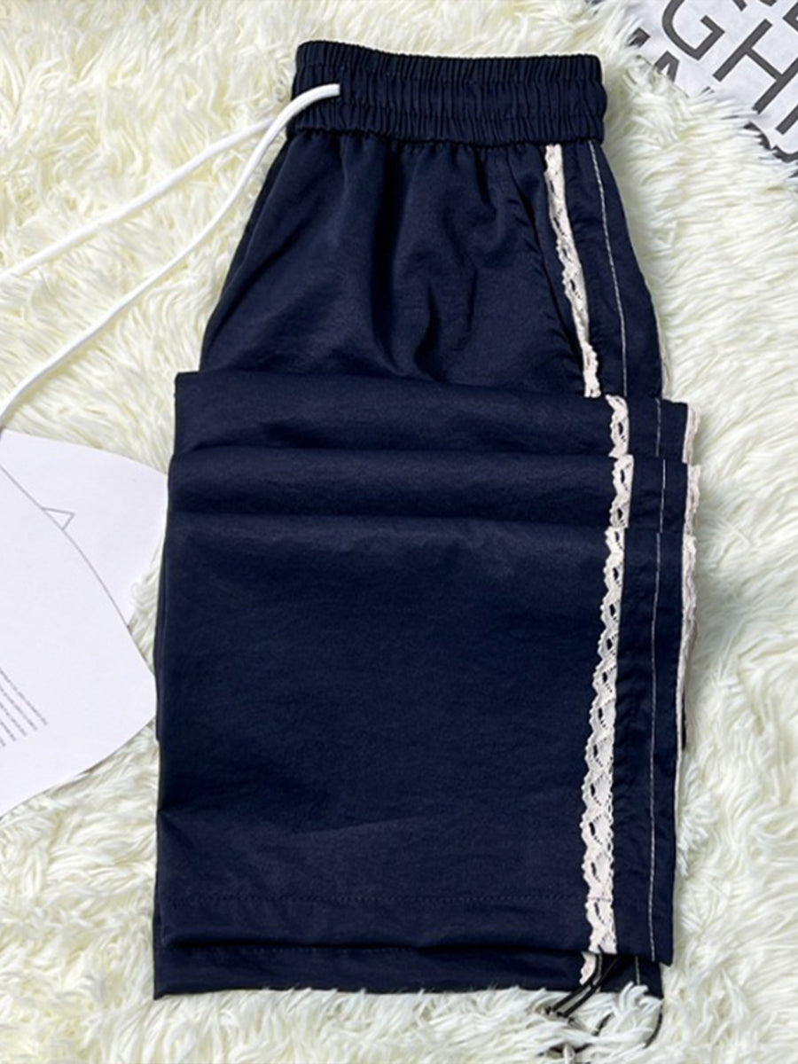 Casual Wide-leg Pants With Lace Trim And An Elastic Waist