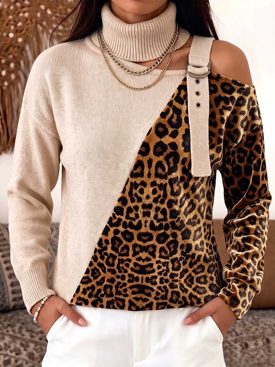 Women's High-neck Hollow-out Long-sleeved Casual Loose Knitted Patchwork Leopard Print Top