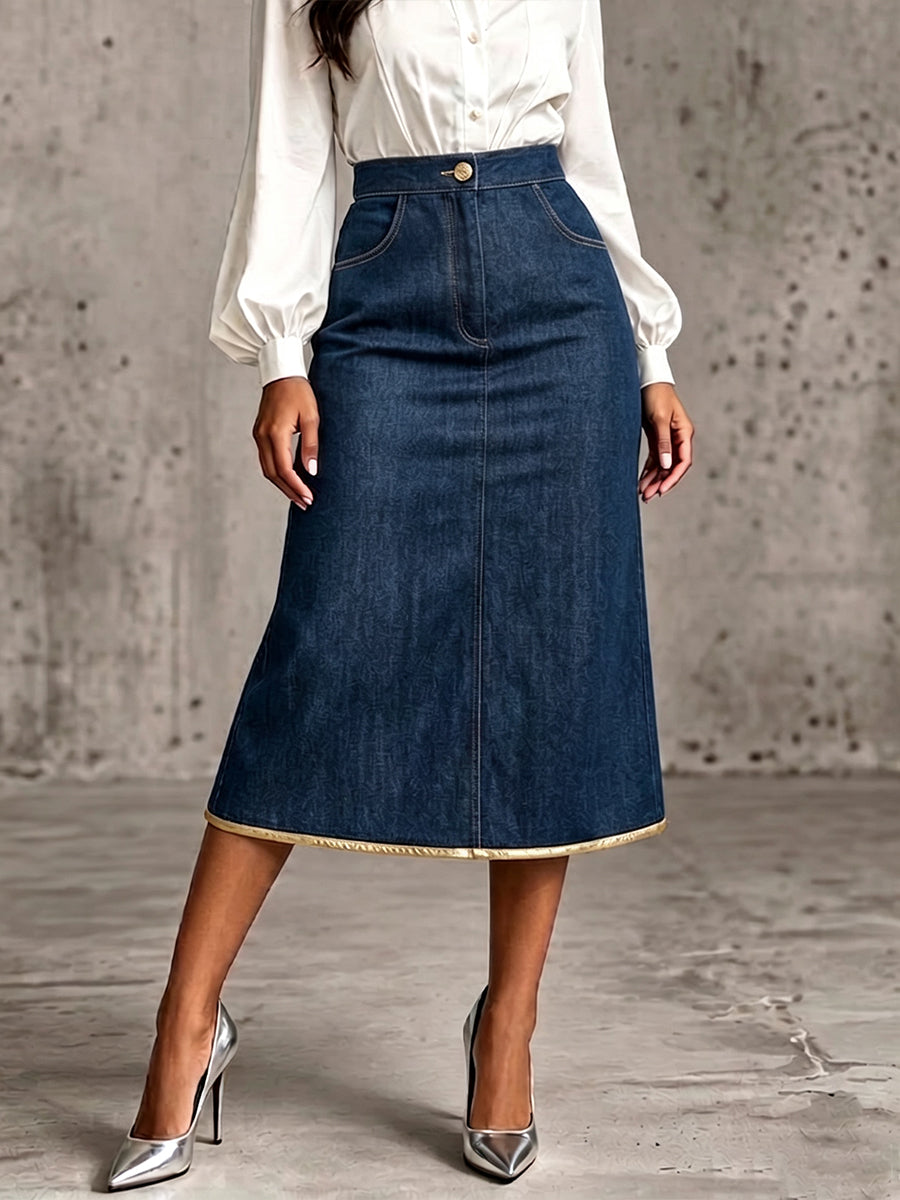 Minimalist Casual Denim Midi Skirt With Gold Piping