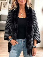 Women's Striped Printed Long-sleeved Casual Loose-fitting Fringed Mink Fur Patchwork Knit Cardigan