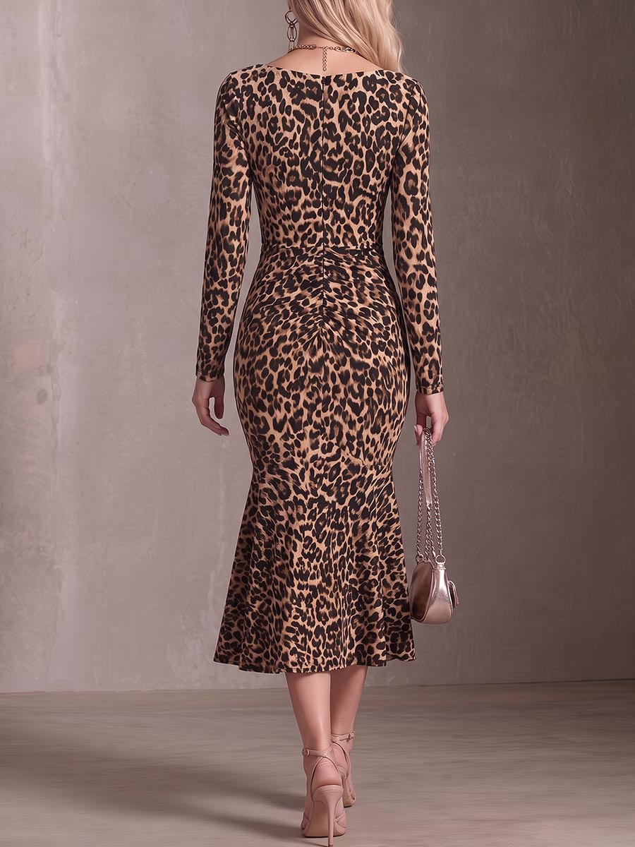 Women's Leopard Print Boat Neck Long Sleeve Casual Loose Bodycon Dress