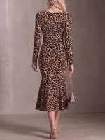 Women's Leopard Print Boat Neck Long Sleeve Casual Loose Bodycon Dress