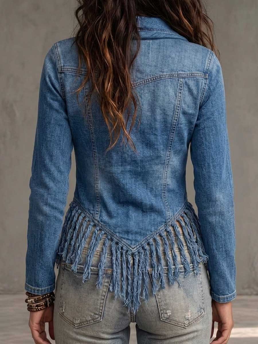 Women's Denim Cowl Neck Fringed Asymmetrical Blouse