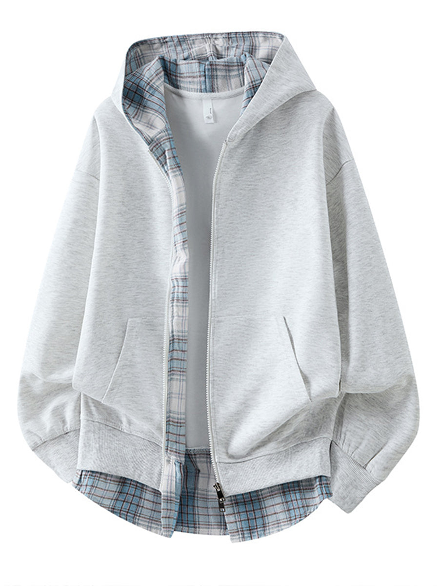 Casual Plaid-panel Full-zip Hoodie