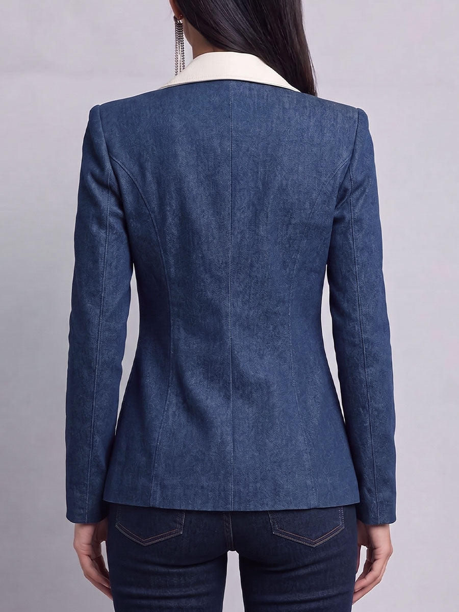 Women's Color-blocked Lapel Long-sleeved Casual Loose Denim Jacket