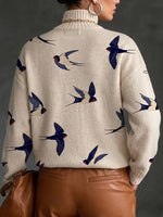 Cozy Ribbed Knit Turtleneck With Swallow Print