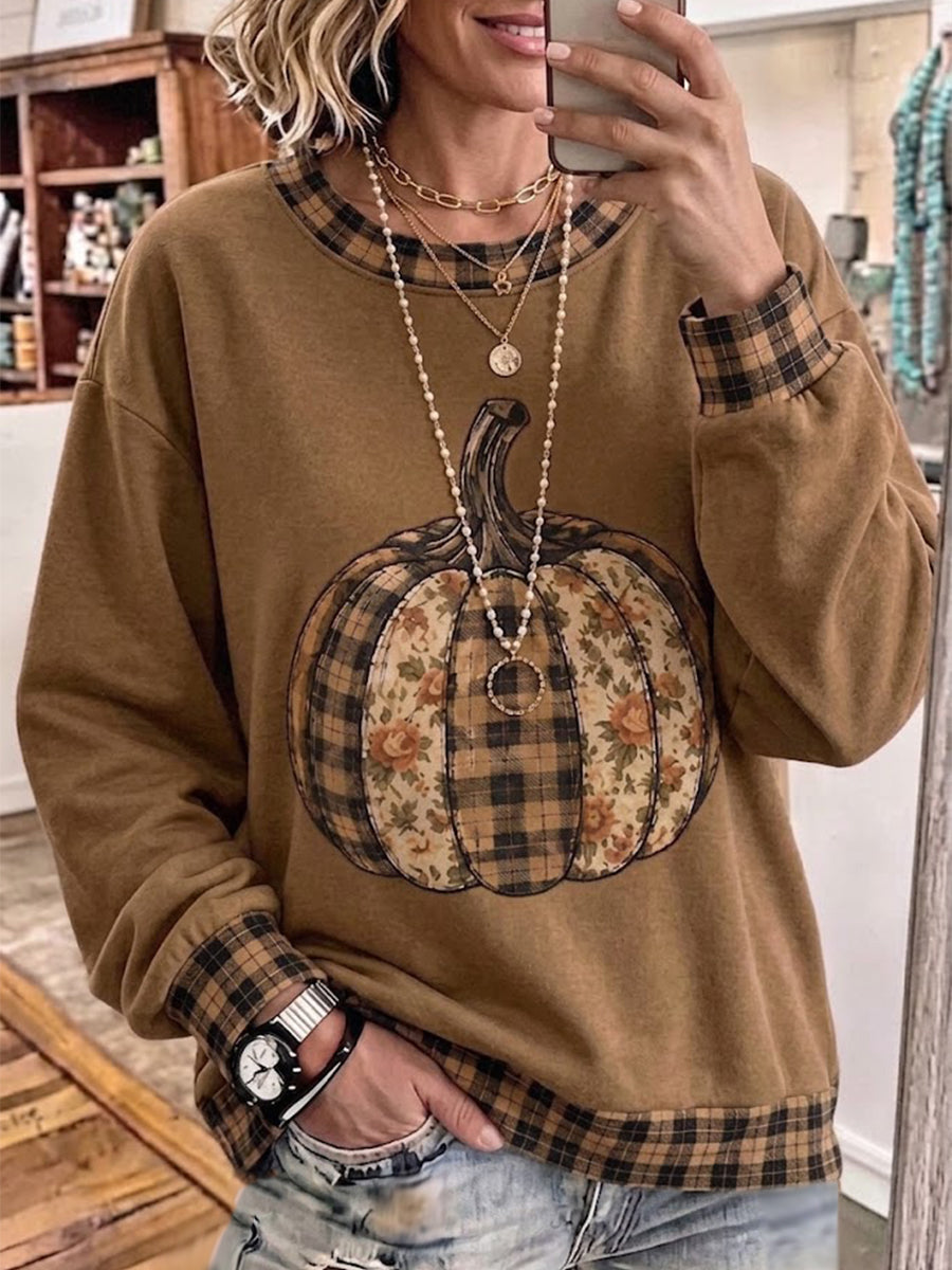 Autumn Pumpkin Print And Plaid Patchwork Crewneck Sweatshirt