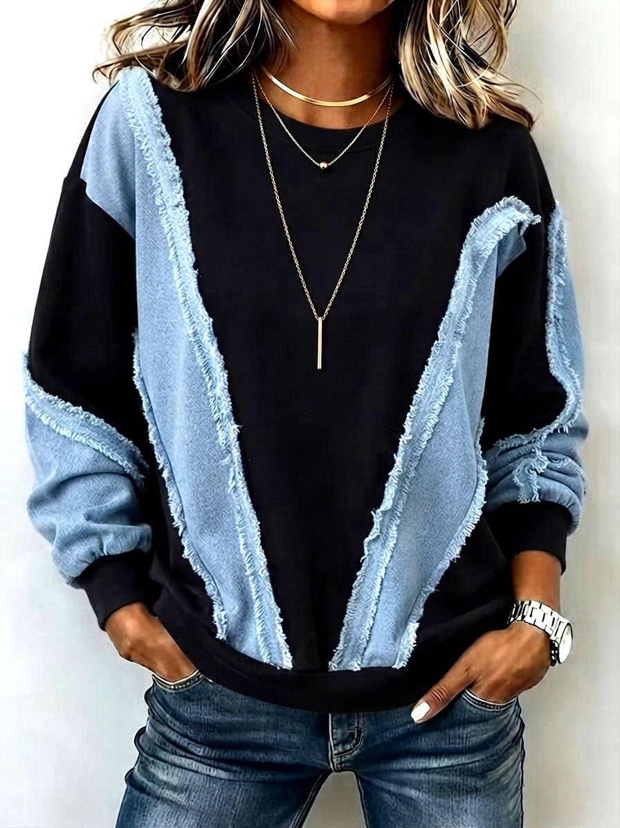 Chic Colorblock Sweatshirt With Raw-edge Denim Paneling