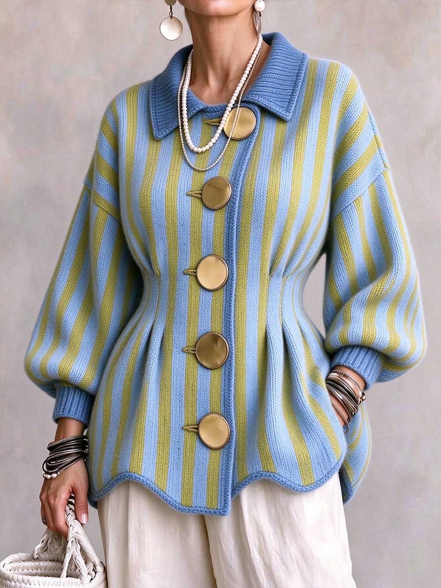 Women's Striped Peplum Cardigan with Oversized Buttons