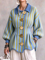 Women's Striped Peplum Cardigan with Oversized Buttons