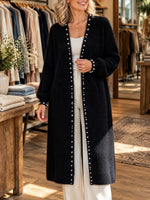 Casual Oversized Long Plush Knit Cardigan With Pearl Embellishments