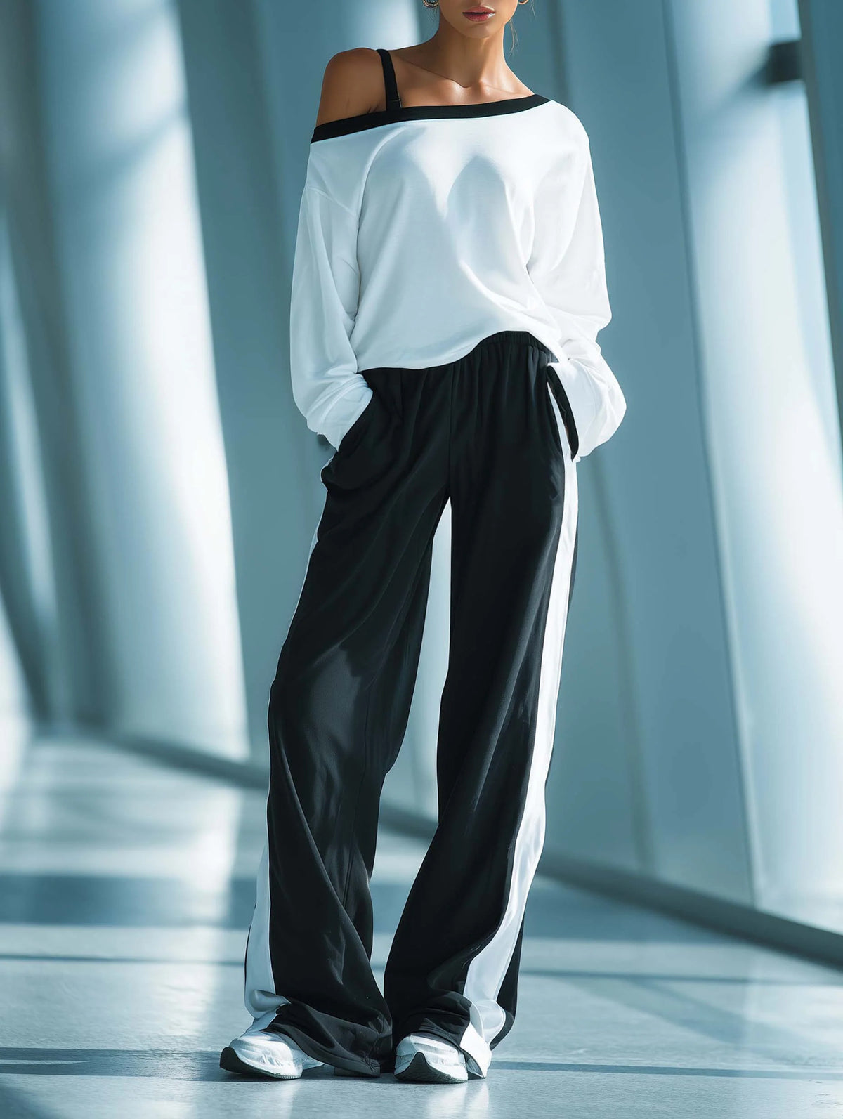 Casual Cotton One-shoulder Sweatshirt And Pants Two-piece Set