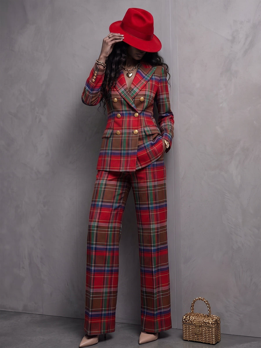 Classic Red Tartan Plaid Wide-Leg Trousers
