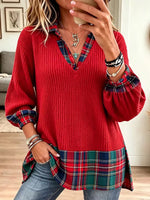 Christmas-themed Casual Plaid-paneled Ribbed Knit Top