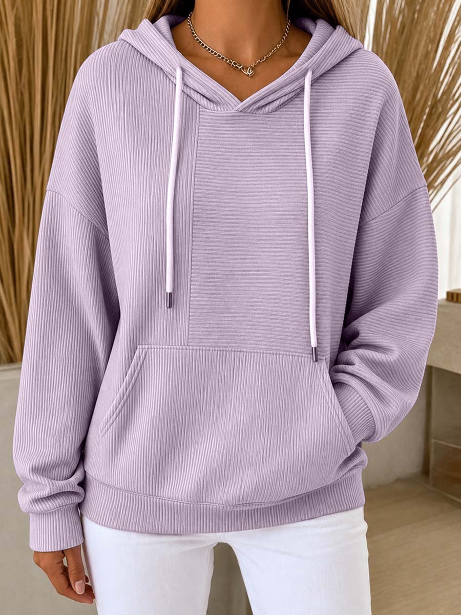 Women's Casual Ribbed Knit Pullover Hoodie With Kangaroo Pocket