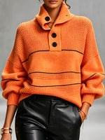 Cozy, Chic Knit Top With A Buttoned Stand Collar And Contrasting Stripes.
