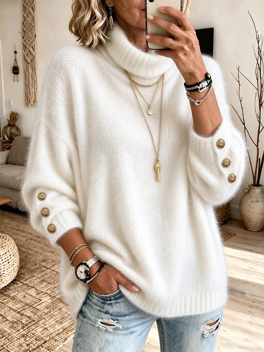 Elegant Button-Accented Turtleneck Mohair Knit Pullover