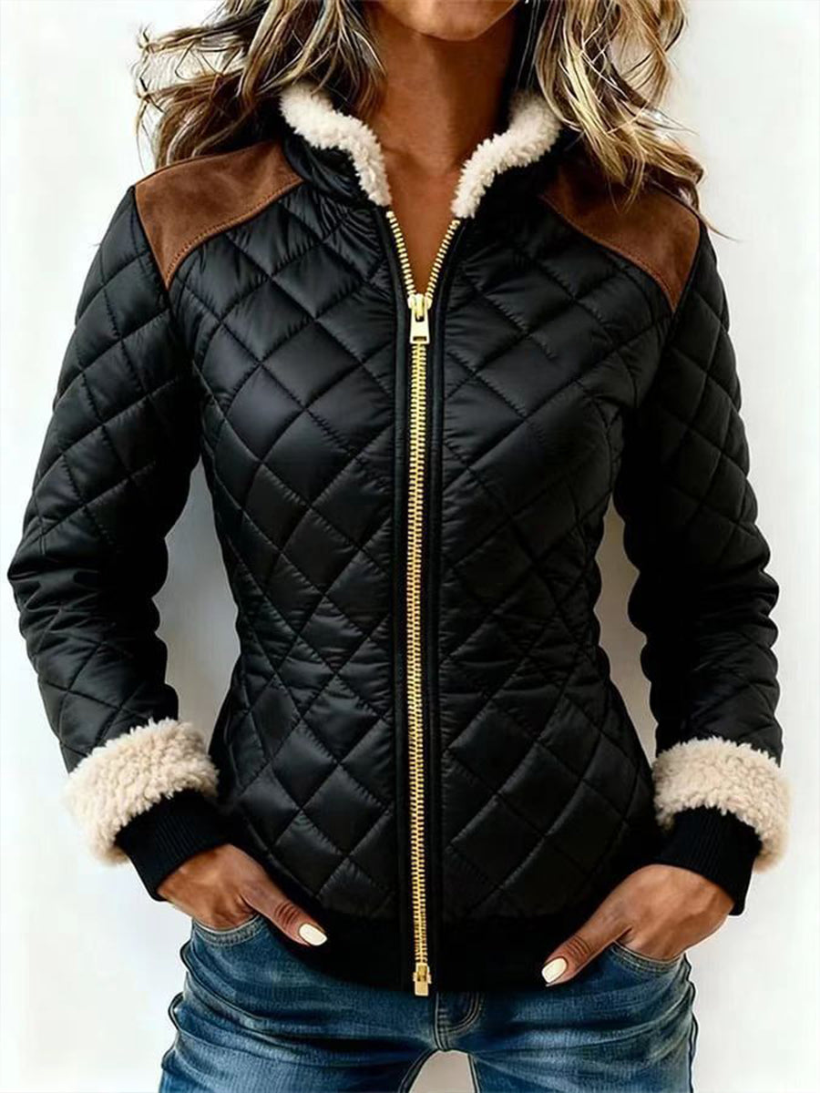 Casual Diamond-quilted Jacket With Faux-shearling Trim