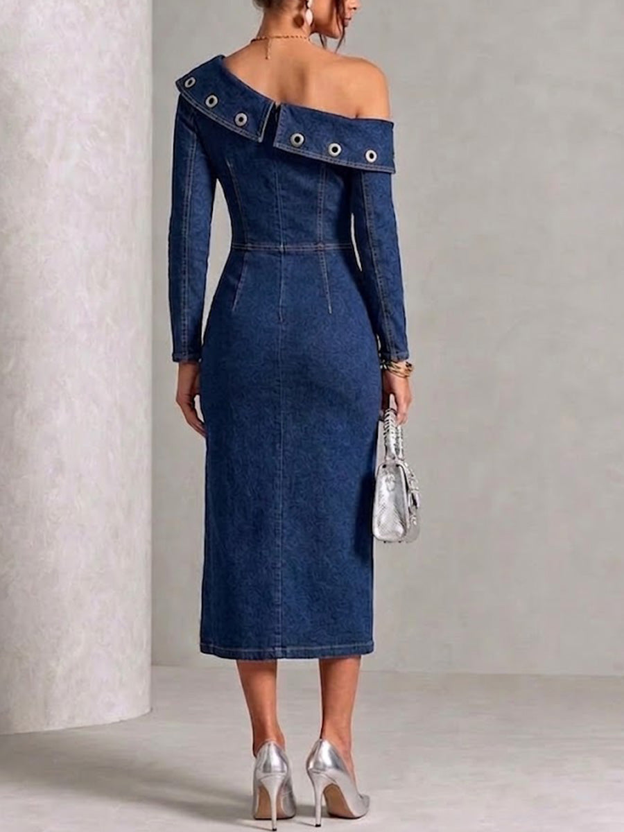 Off‑shoulder Metal Eyelet Slit Denim Midi Dress