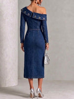 Off‑shoulder Metal Eyelet Slit Denim Midi Dress