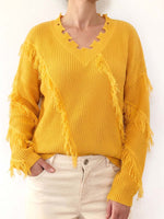 Women's Solid Color V-neck Long-sleeved Casual Loose Tassel Pullover Knit Sweater