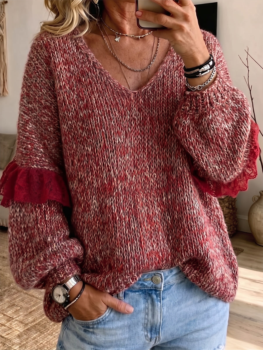 Romantic Lace-Trim Marled V-Neck Sweater
