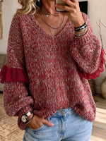 Romantic Lace-Trim Marled V-Neck Sweater