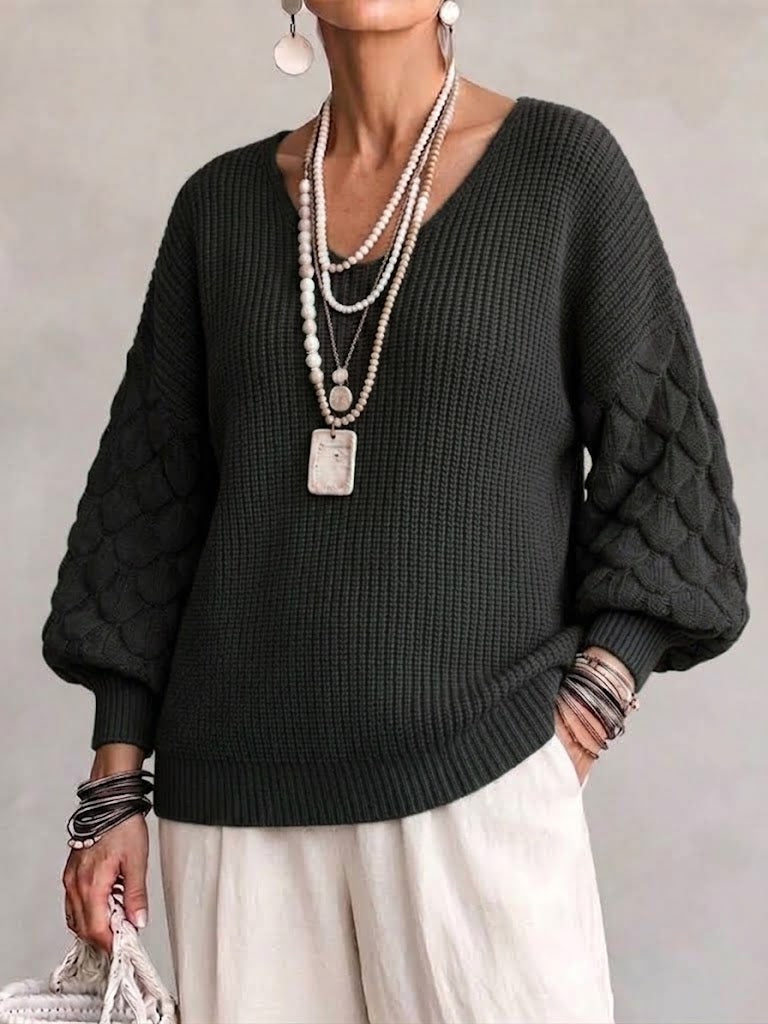 V-neck Argyle Cable-knit Lantern-sleeve Loose Pullover