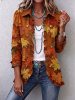 Rustic Autumn Leaf Print Cotton Linen Ruffled Jacket