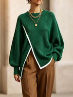 Chic Trimmed Asymmetrical Hem Oversized Sweater Top