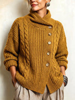 Cozy Chic Mustard Cable-knit Asymmetrical Cardigan Sweater