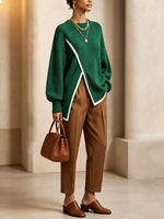 Chic Trimmed Asymmetrical Hem Oversized Sweater Top