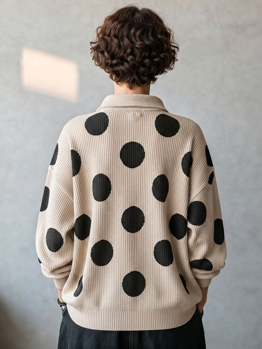 Cozy Oversized Polka Dot Lapel Collar Knit Top