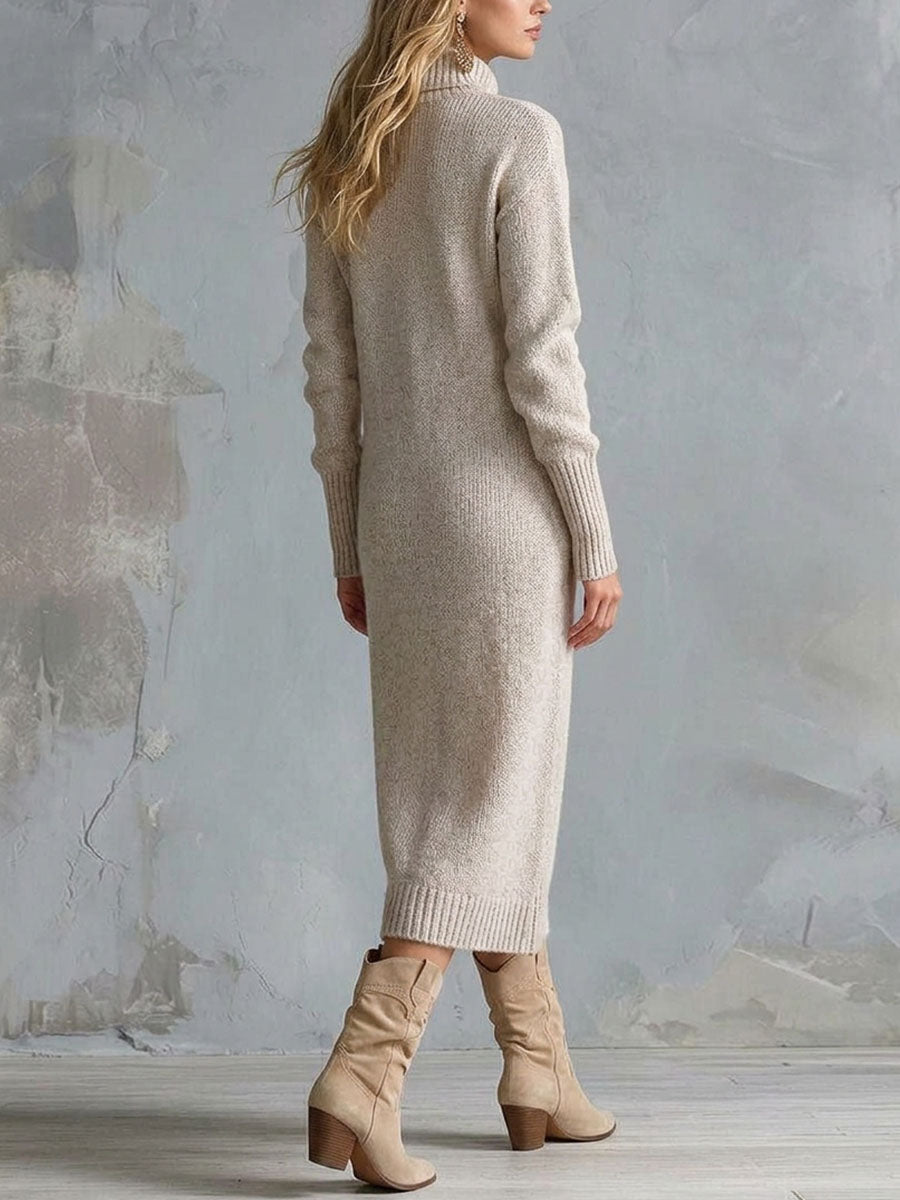 Women's Turtleneck Knit Midi Sweater Dress With Button Detail