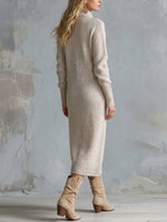 Women's Turtleneck Knit Midi Sweater Dress With Button Detail