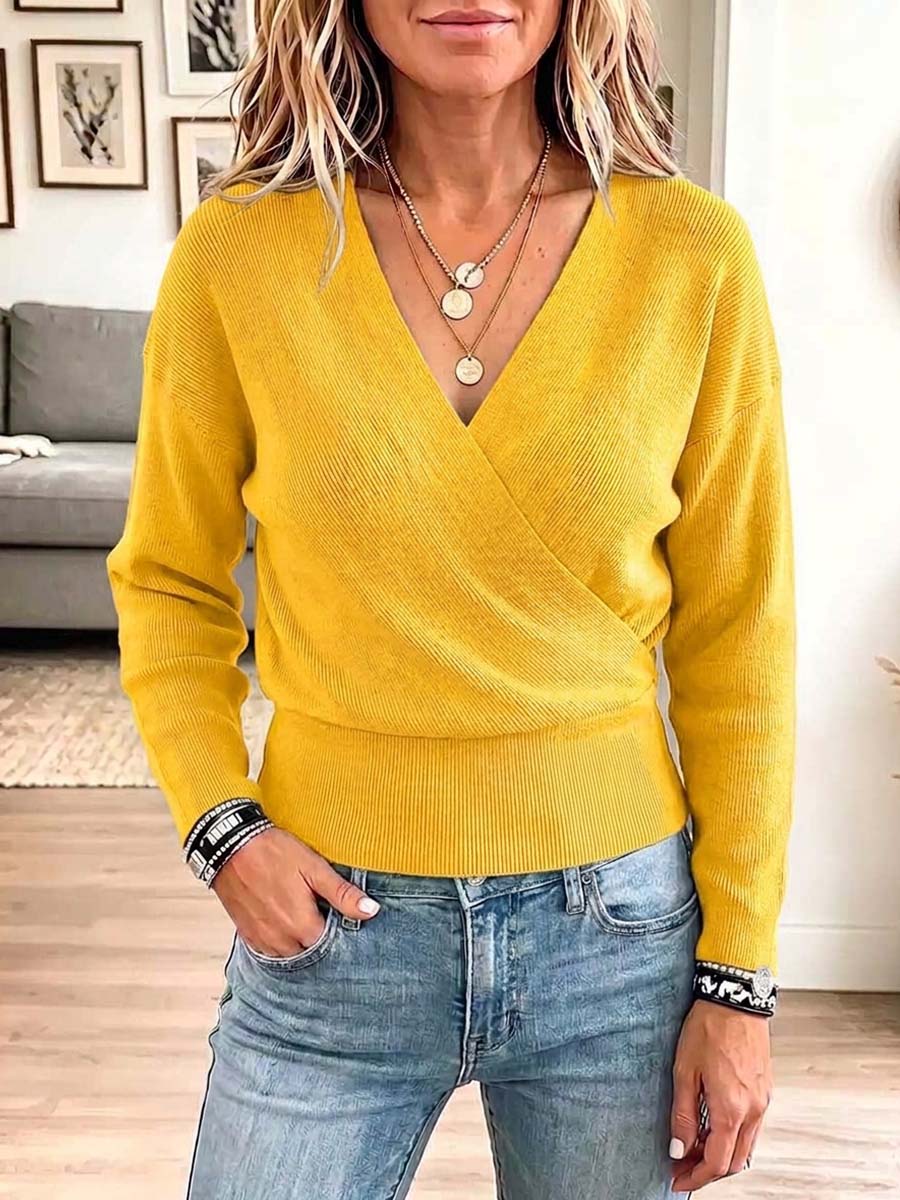 Women's Solid Color V-neck Long Sleeve Casual Loose Knitted Pullover