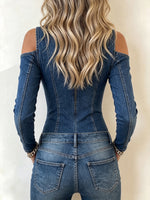 Edgy Cold-Shoulder Zip-Front Denim Top