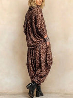 Turtleneck Leopard Print Loose Top & Harem Wide Leg Pants Set